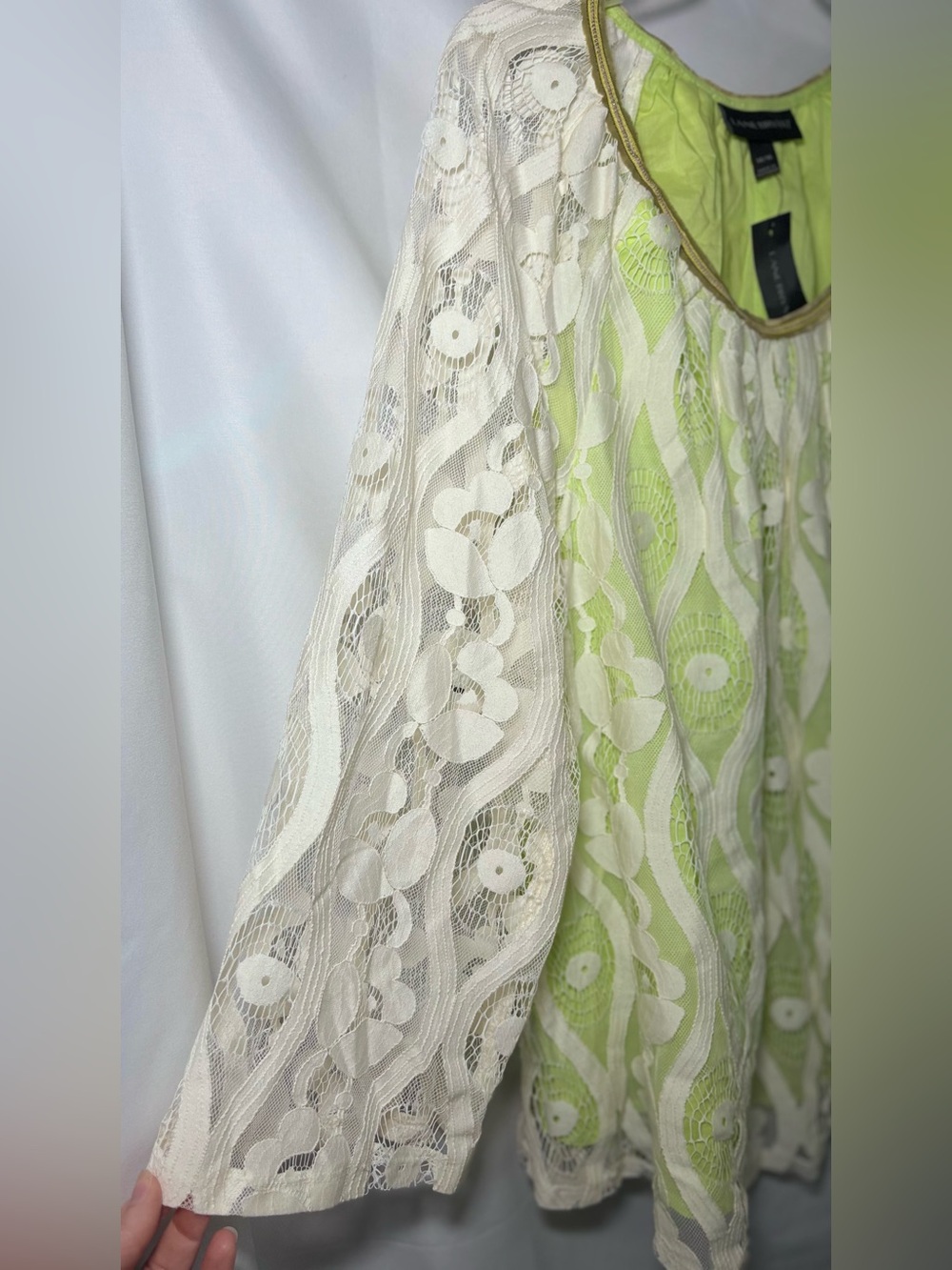 Lane Bryant Ivory Lace Overlay Peasant Blouse with Lime Green Underlay Sz 14/16 - Picture 4 of 9